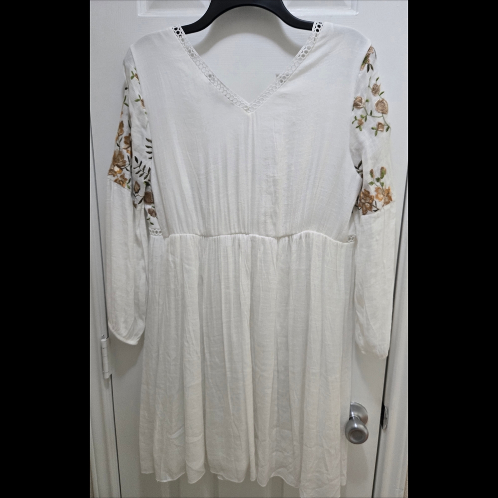 J GEE Bohemian White Floral Lace-Trim V-Neck Tunic Dresz Sz L - Picture 6 of 7